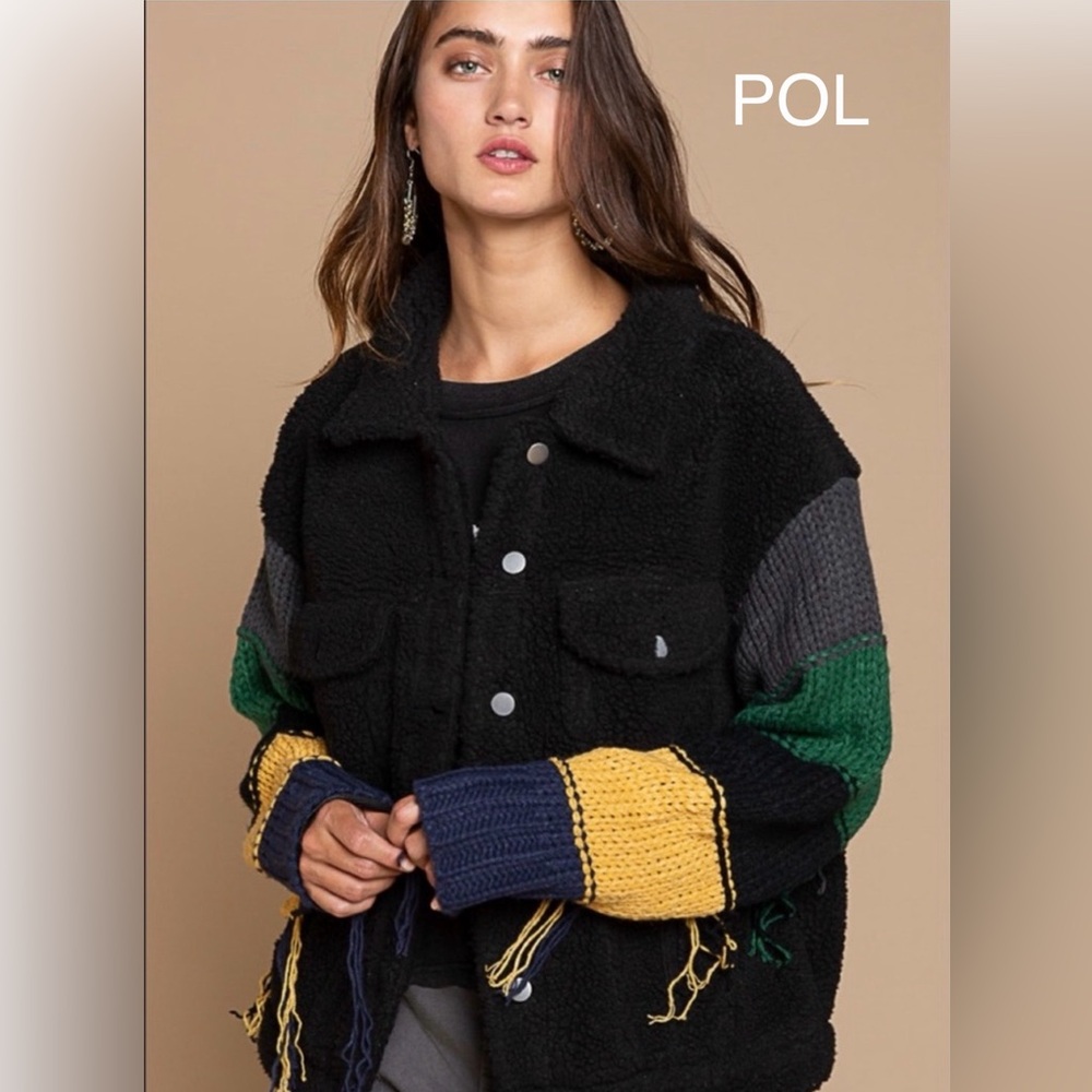 BP21đź–¤POL pristine black fleece trucker jacket w/mustard+ green sleeve details - Picture 2 of 8
